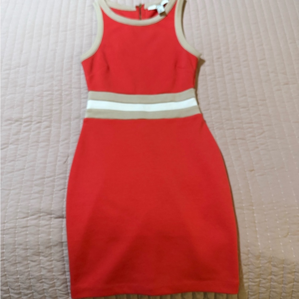 XXI Coral, Tan and White Bodycon Knit Mini Dress